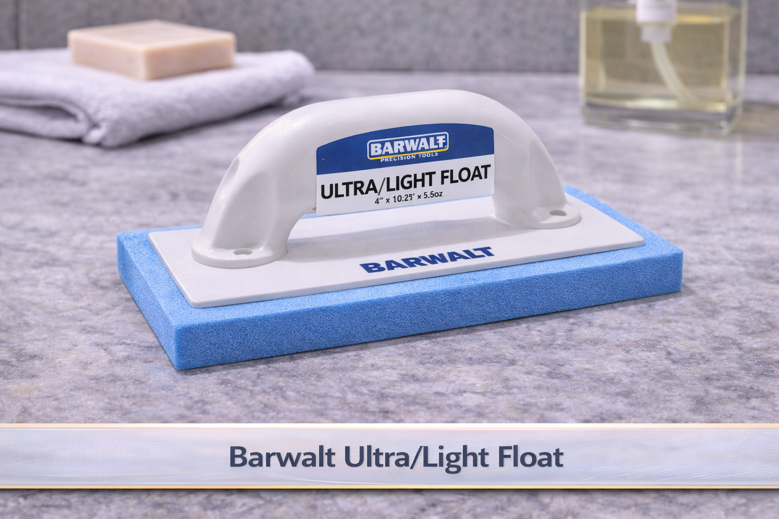 Barwalt Ultra/Light Float tool with blue foam base on a tiled surface