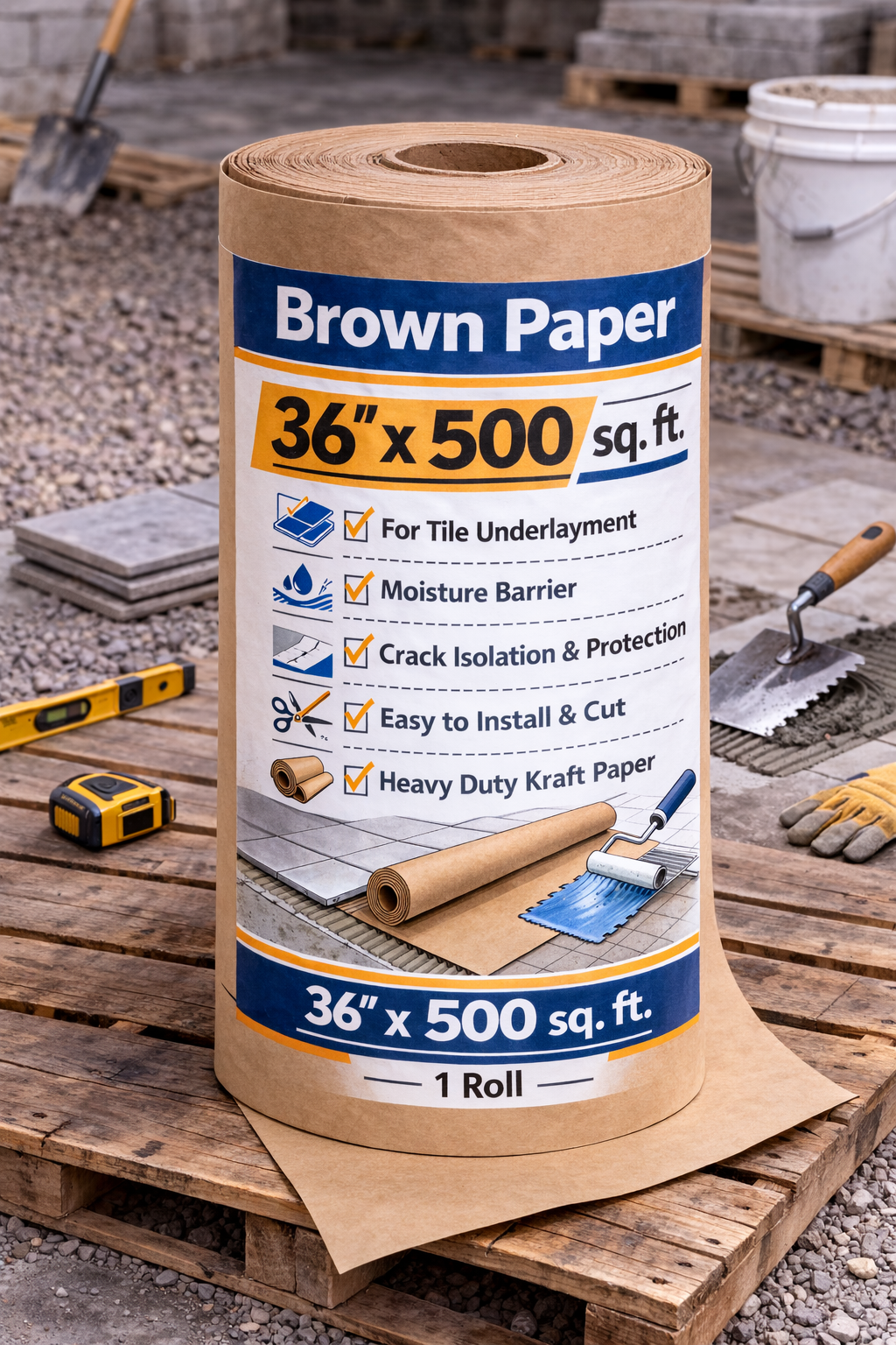 Brown paper roll on a construction site, labeled 36