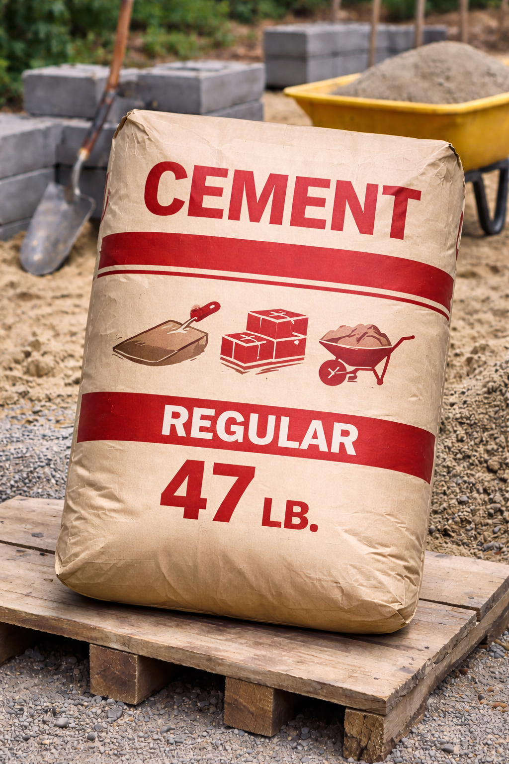 Bag of regular cement, 47 lb, on a wooden pallet at a construction site.