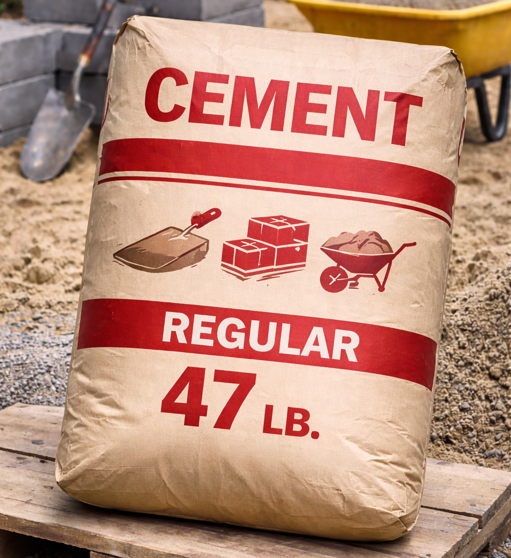 Bag of regular cement, 47 lb., tan with red lettering, on a construction site.