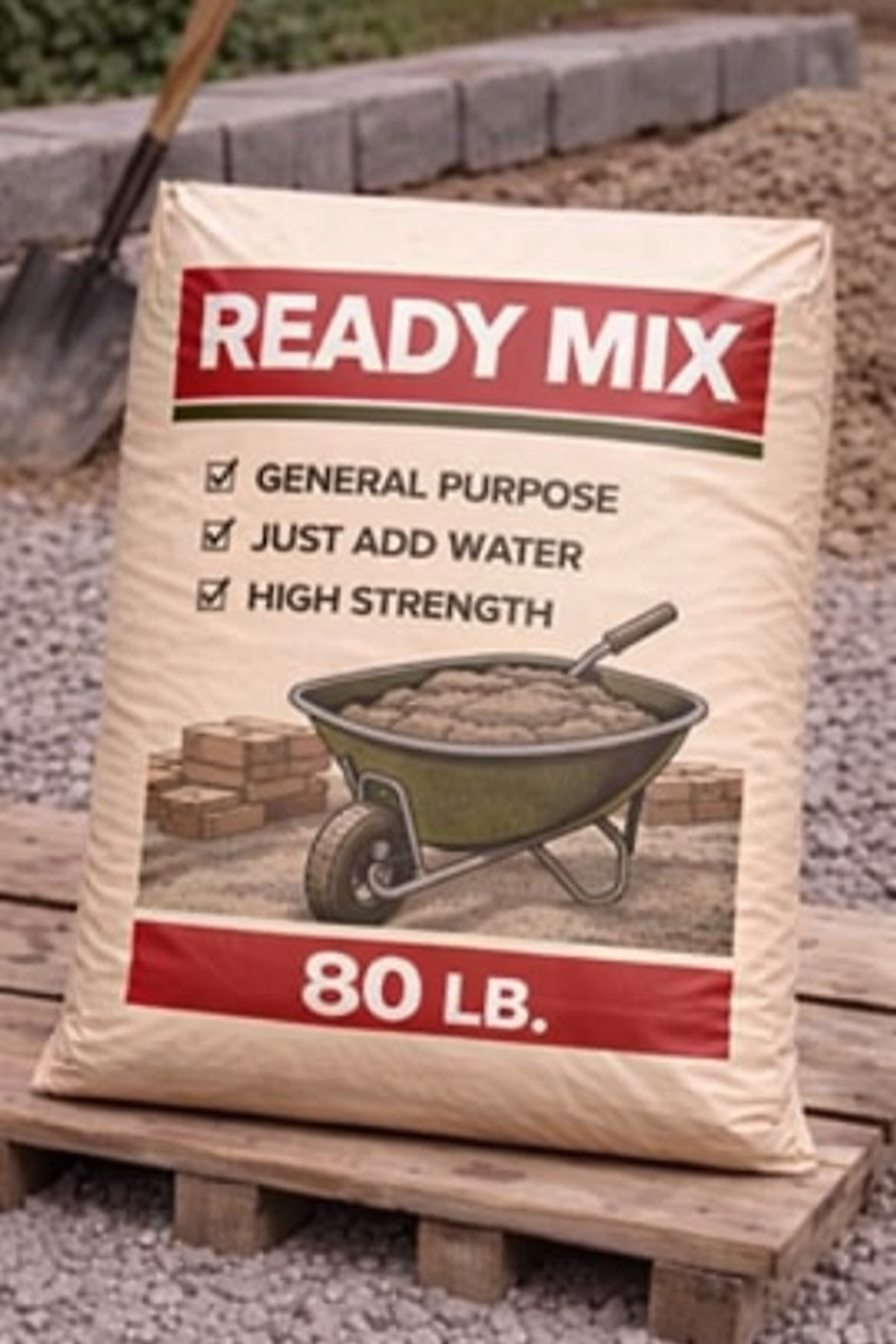 Ready Mix cement bag labeled “General Purpose,” “Just Add Water,” and “High Strength” on a pallet, 80 lb.