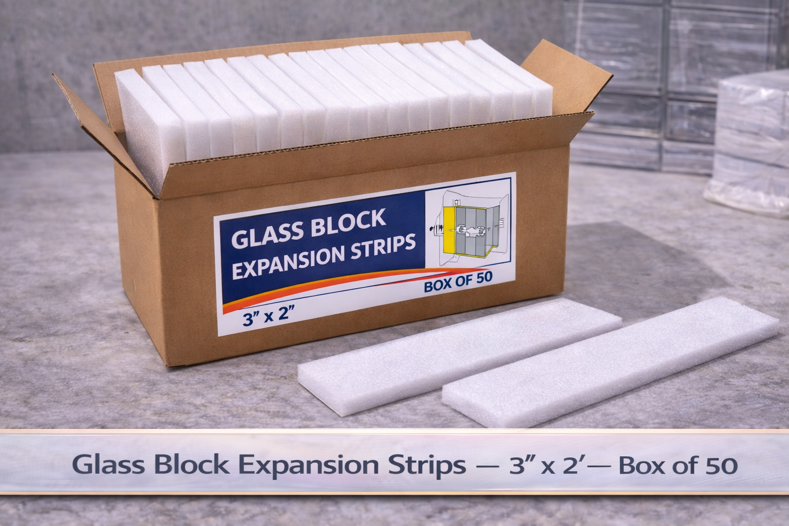 Box of glass block expansion strips with white strips laid out on a gray surface.