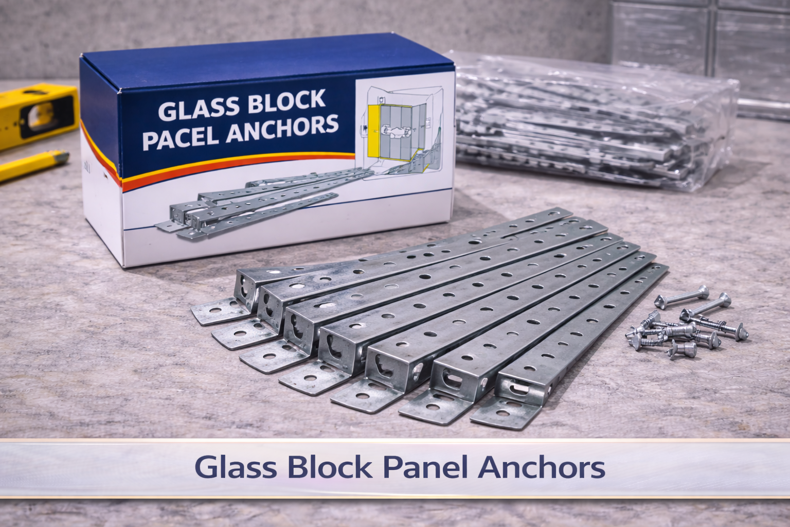 Glass block panel anchors and hardware, with packaging on a workbench