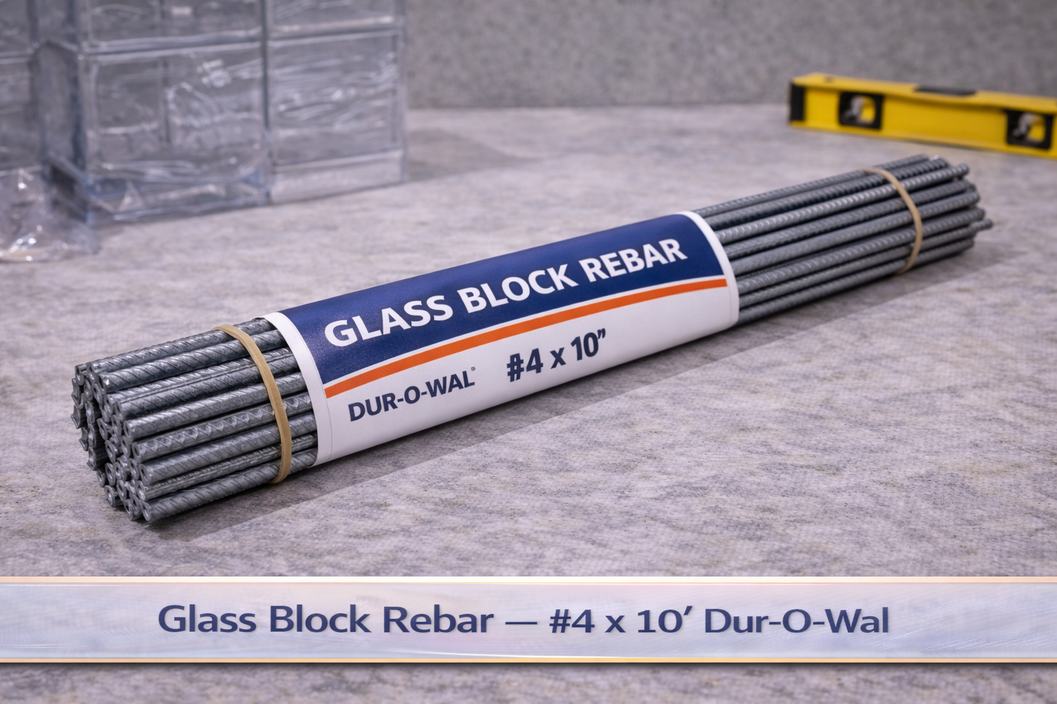 Bundle of gray glass block rebar labeled “GLASS BLOCK REBAR #4 x 10' Duro-Wal” on a concrete surface