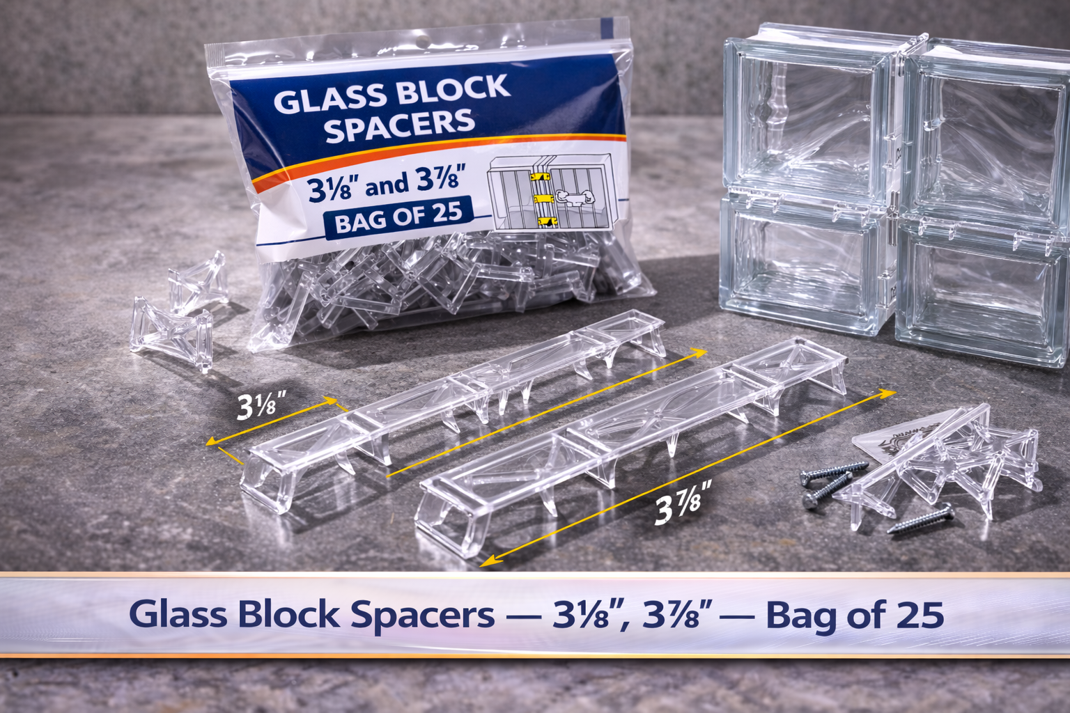 Glass block spacers and small clear plastic supports in a product display, labeled 3½ and 3⅞ inches.