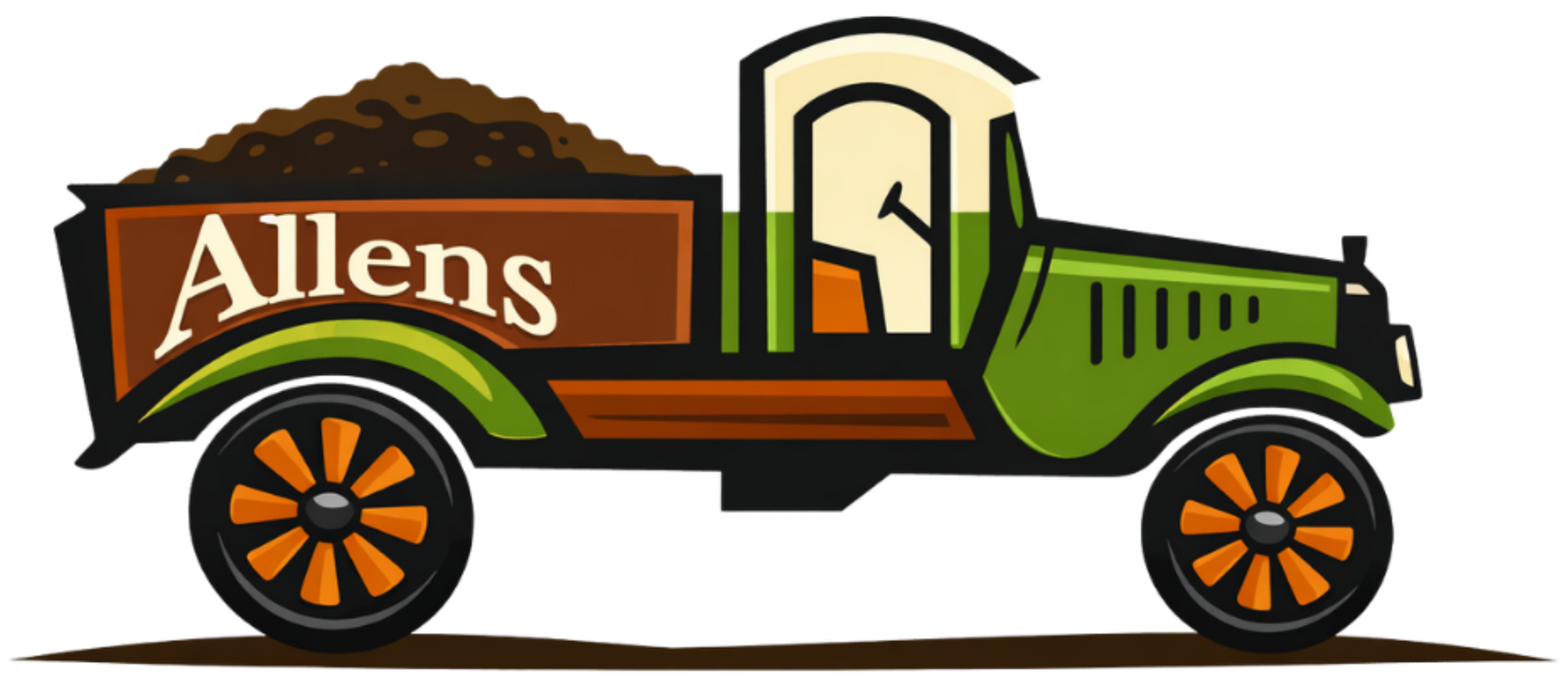 Vintage green Allen's truck loaded with brown cargo and orange wheels, side view