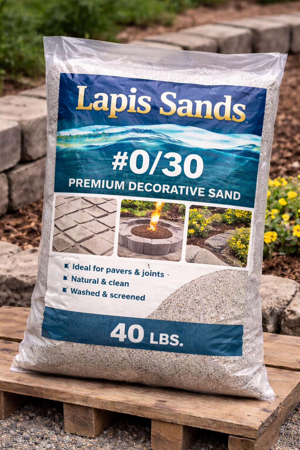 Lapis Sands #0/30 premium decorative sand bag on a wooden pallet outdoors