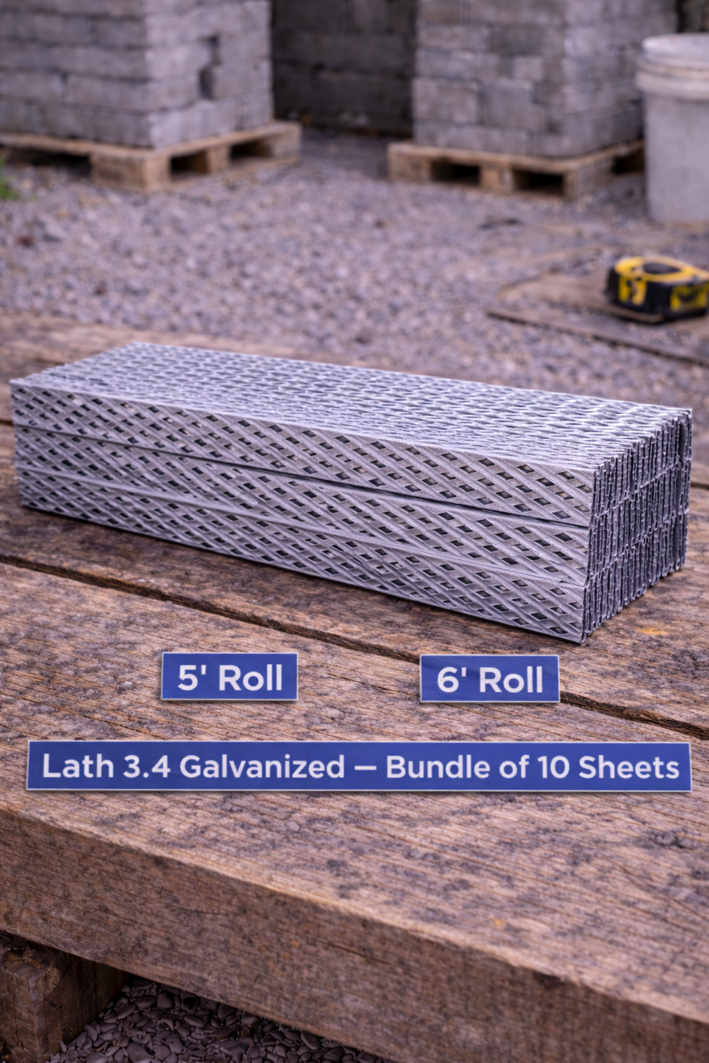 Bundle of galvanized lath sheets on a wooden surface, labeled 5' roll and 6' roll.