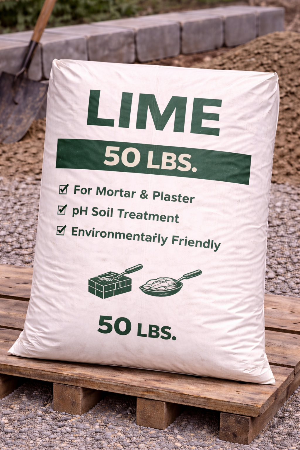 White 50 lb lime sack on a wooden pallet outdoors, labeled for mortar, plaster, and soil treatment