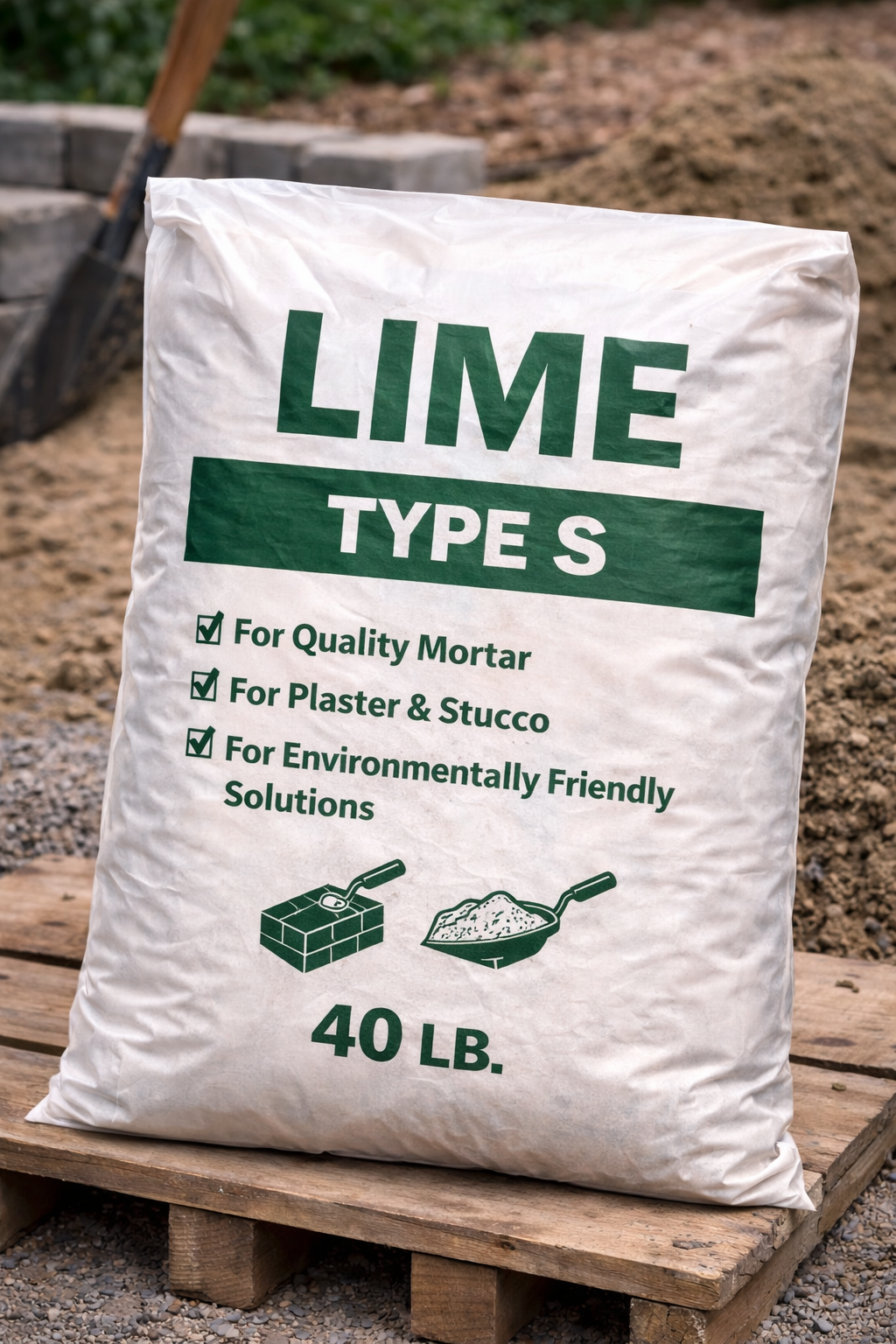 White 40 lb bag of lime type S on a wooden pallet outdoors, with green lettering.