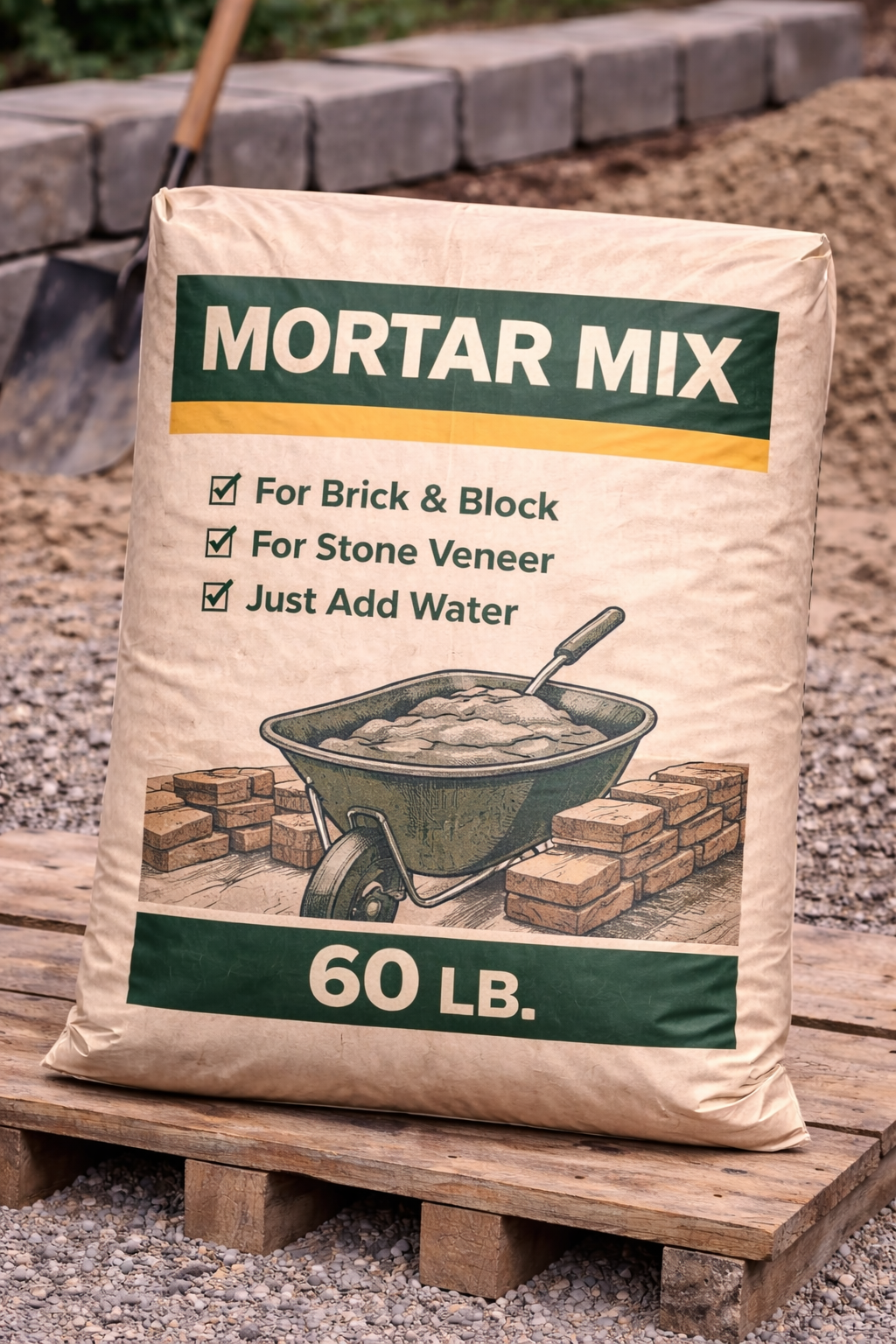 Bag of Mortar Mix, 60 lb, on a wooden pallet outdoors.