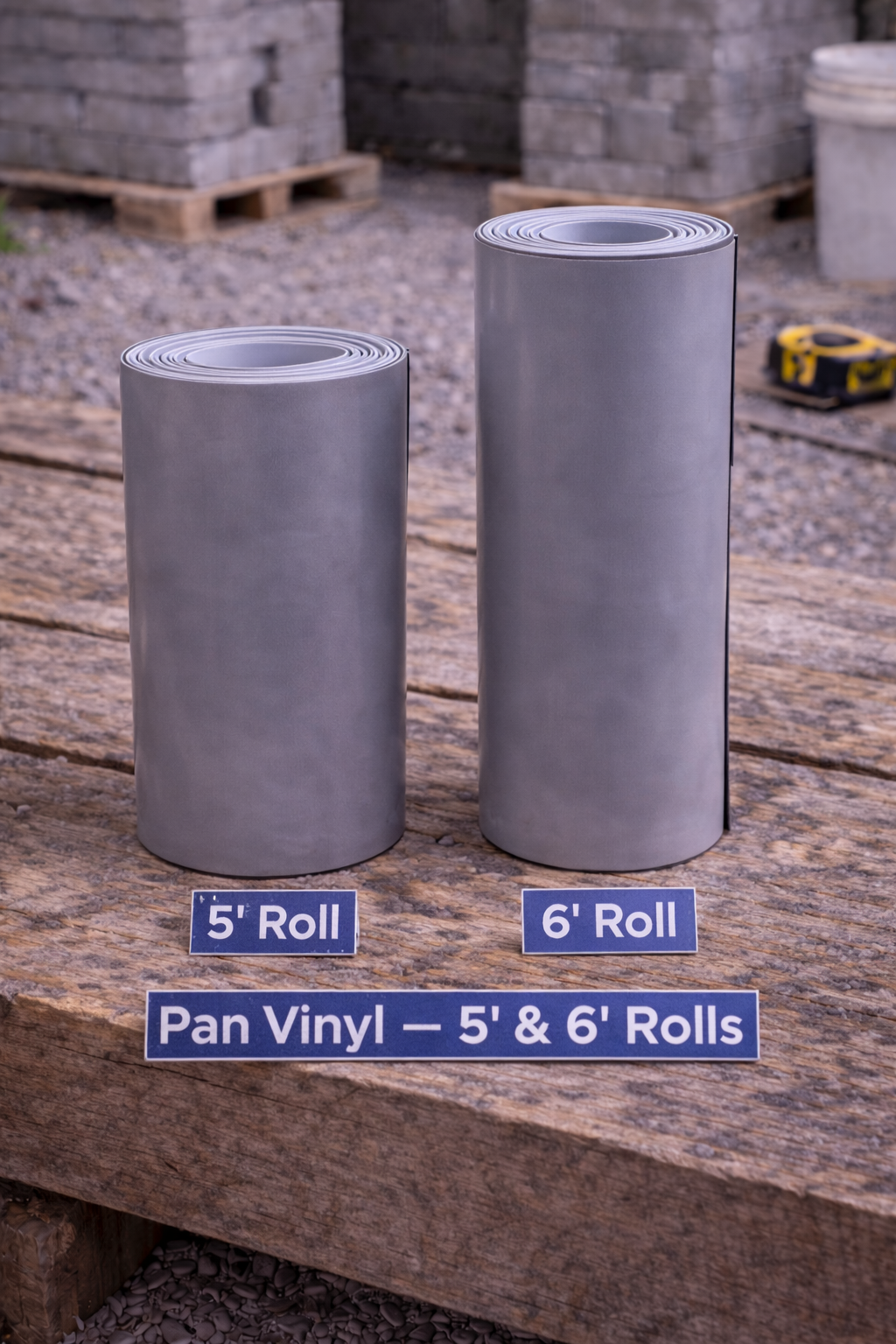 Two gray vinyl rolls labeled 5' Roll and 6' Roll on a wooden surface