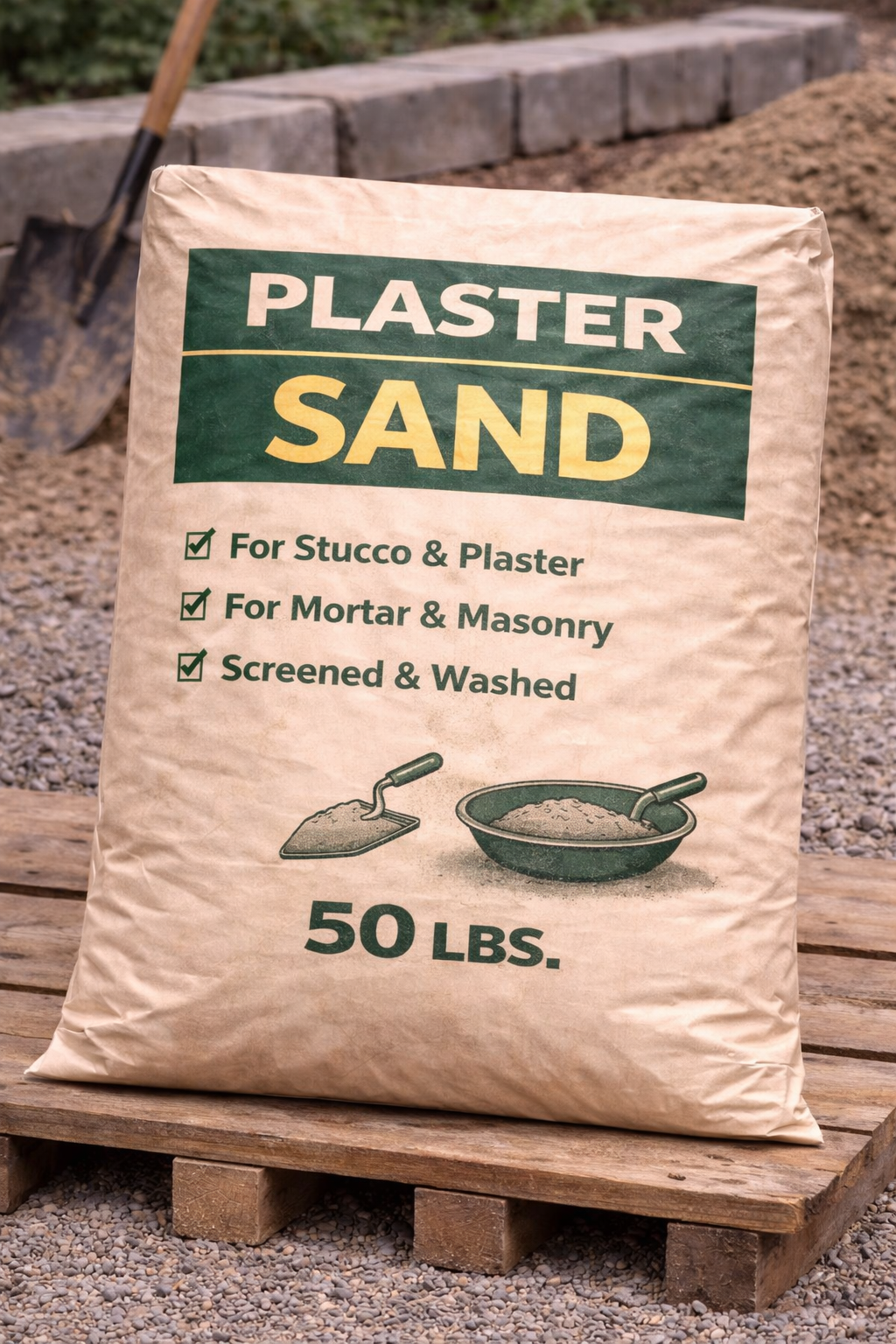 Bag of plaster sand on a wooden pallet outdoors, labeled “PLASTER SAND” and “50 LBS.”