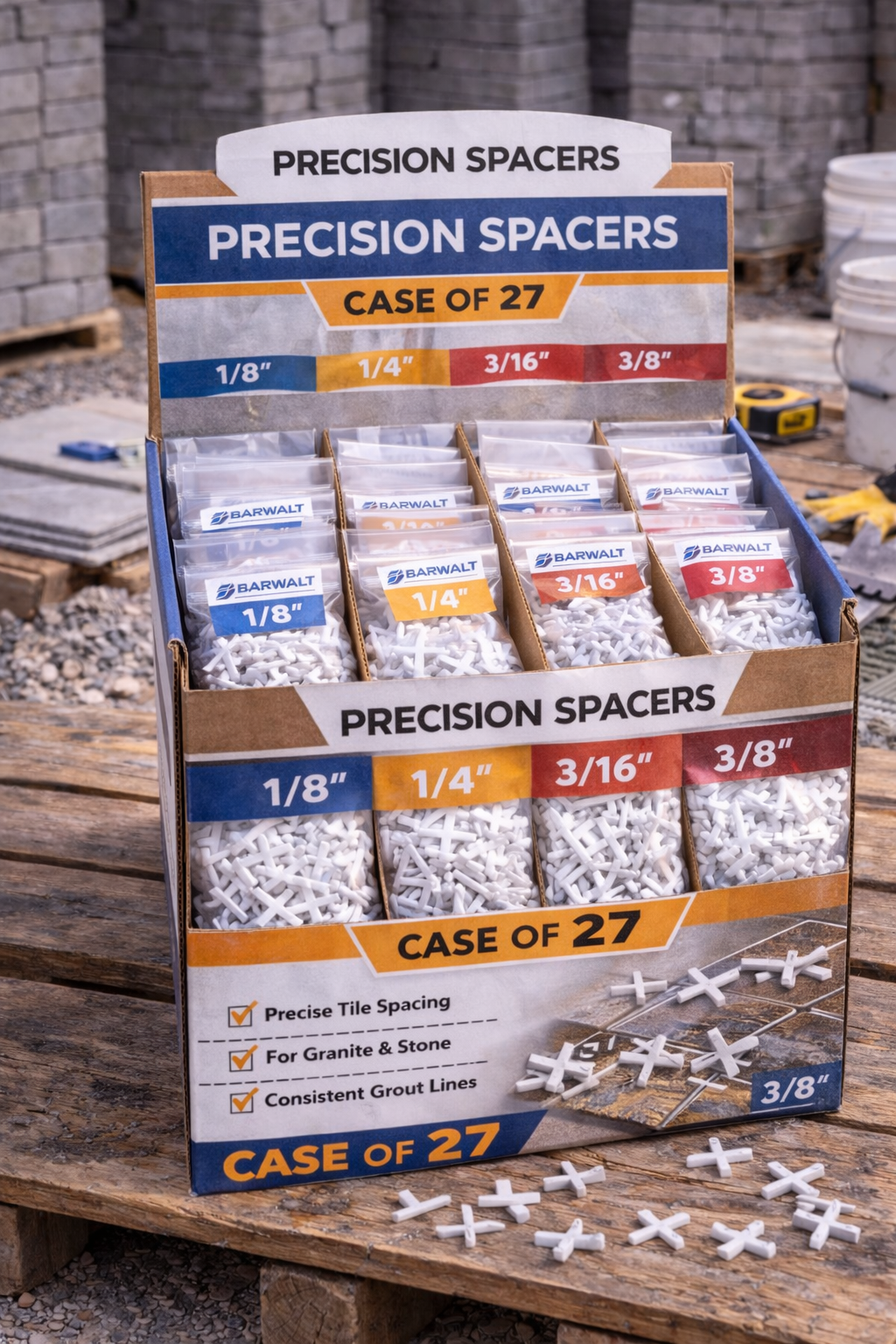 Precision Spacers display box with assorted white cross-shaped spacers in a shop aisle