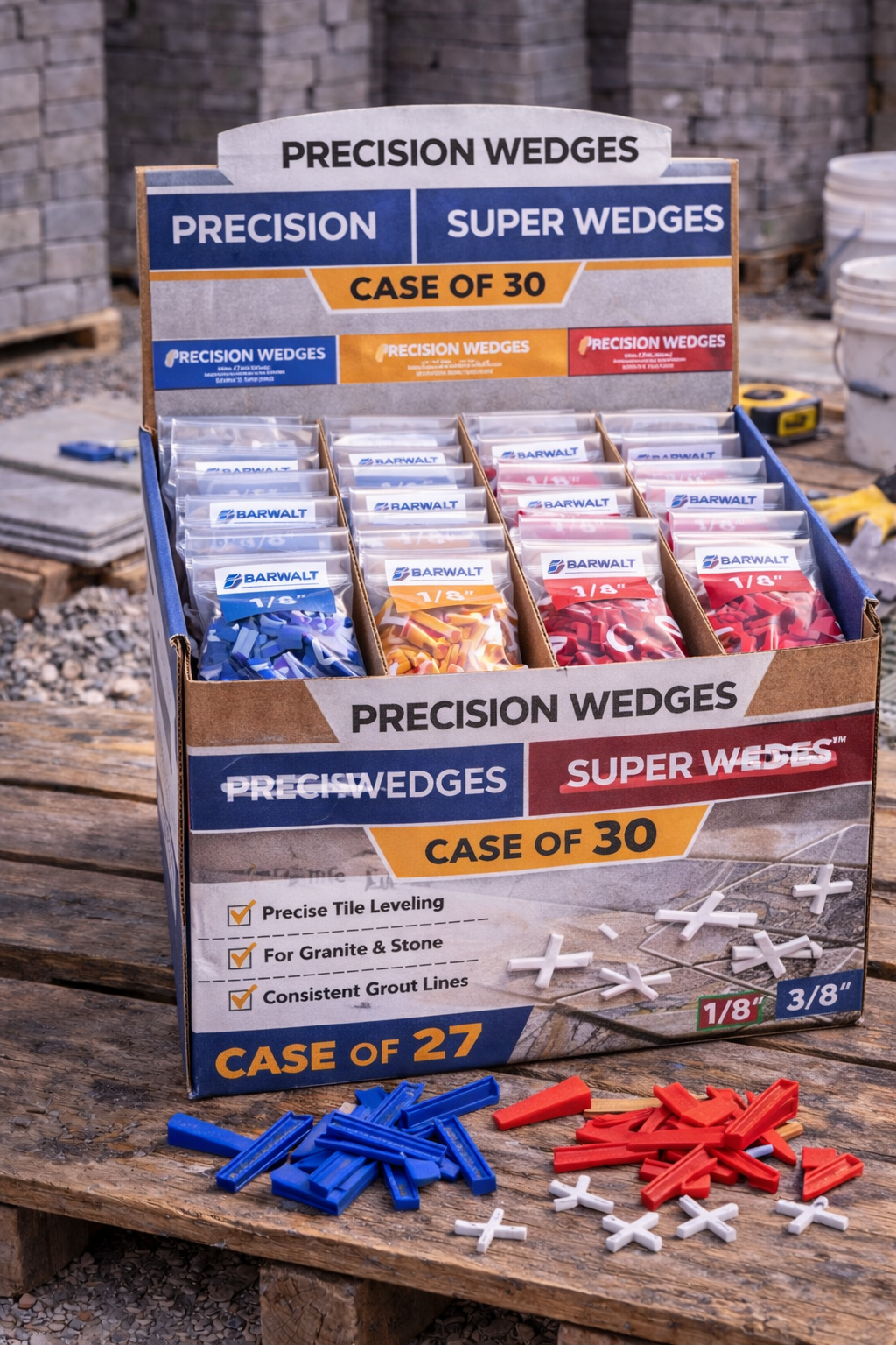 Display of Precision Wedges cases with blue, red, and white wedges on a brick floor outdoors