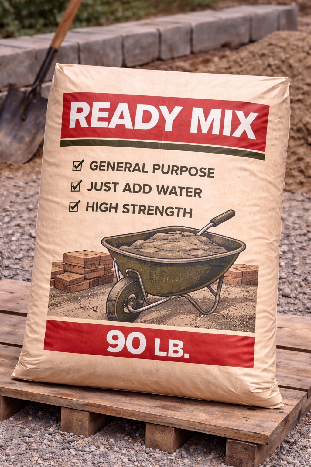 READY MIX 90 lb. concrete mix bag on a pallet outdoors, with shovel and wheelbarrow in background
