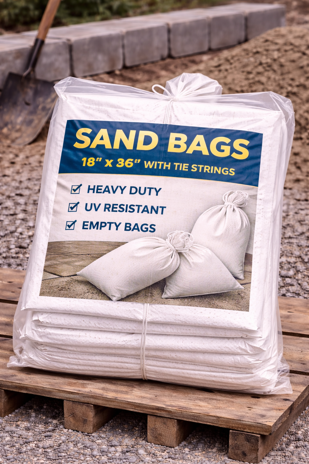 Stack of white sandbags on a wooden pallet with a blue label, outdoors on dirt.