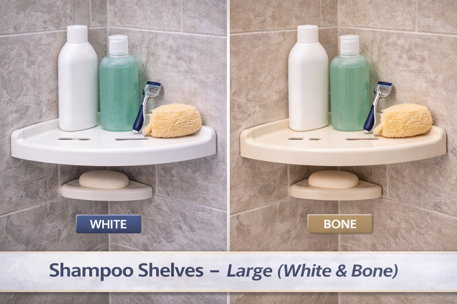 Shower corner shelf shown in white and bone, holding bottles, soap, and a sponge.