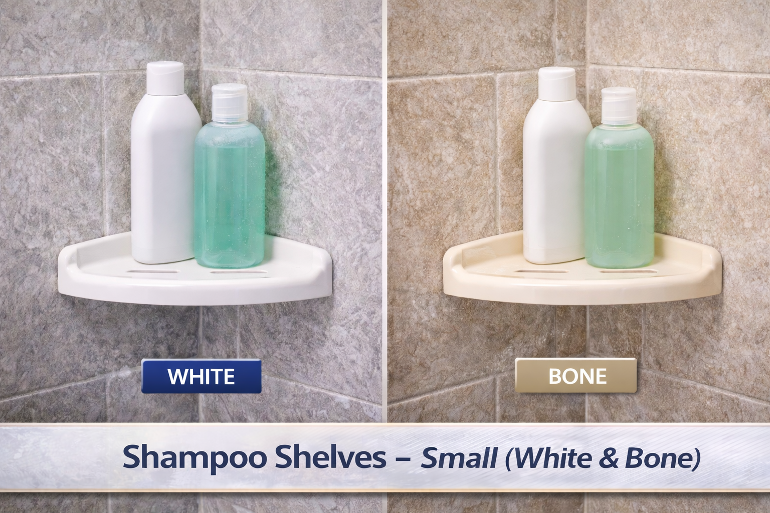 Small white and bone shampoo shelves with two bottles on a tiled wall.