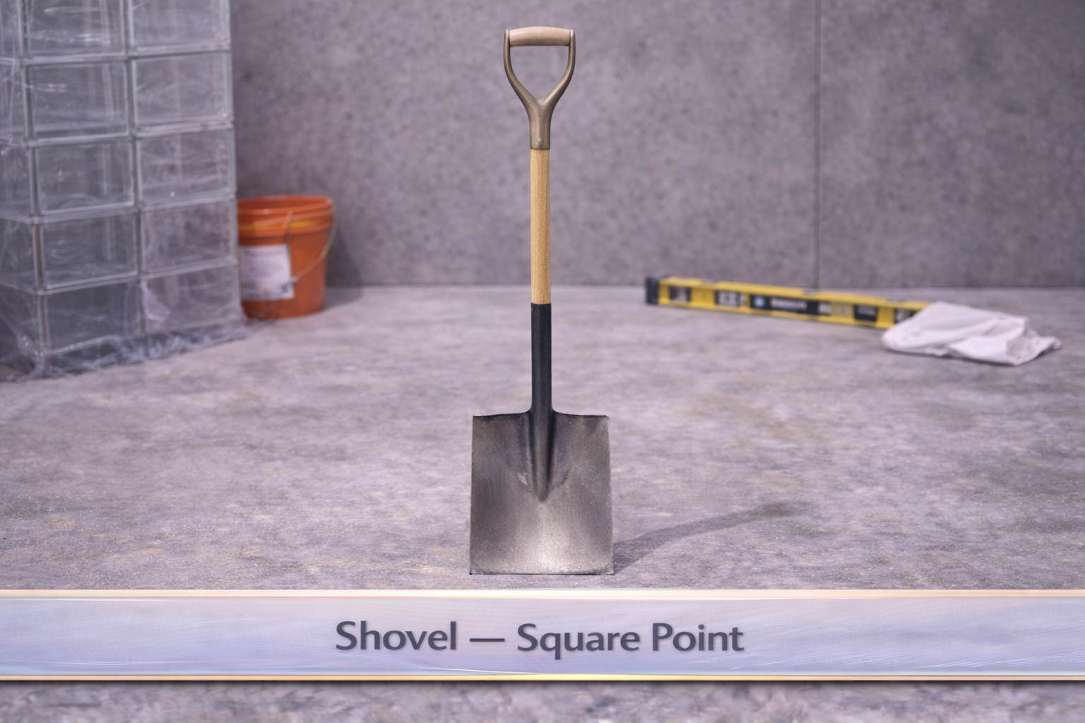 Square-point shovel standing upright on a concrete floor with a level and bucket in the background