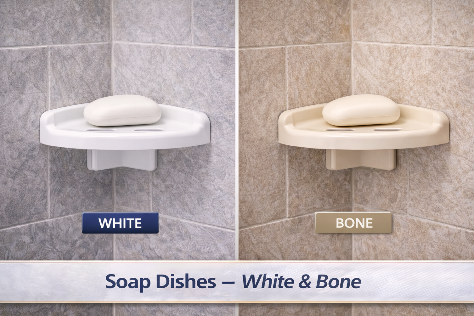 Side-by-side soap dishes in white and bone on tiled wall, labeled “WHITE” and “BONE.”