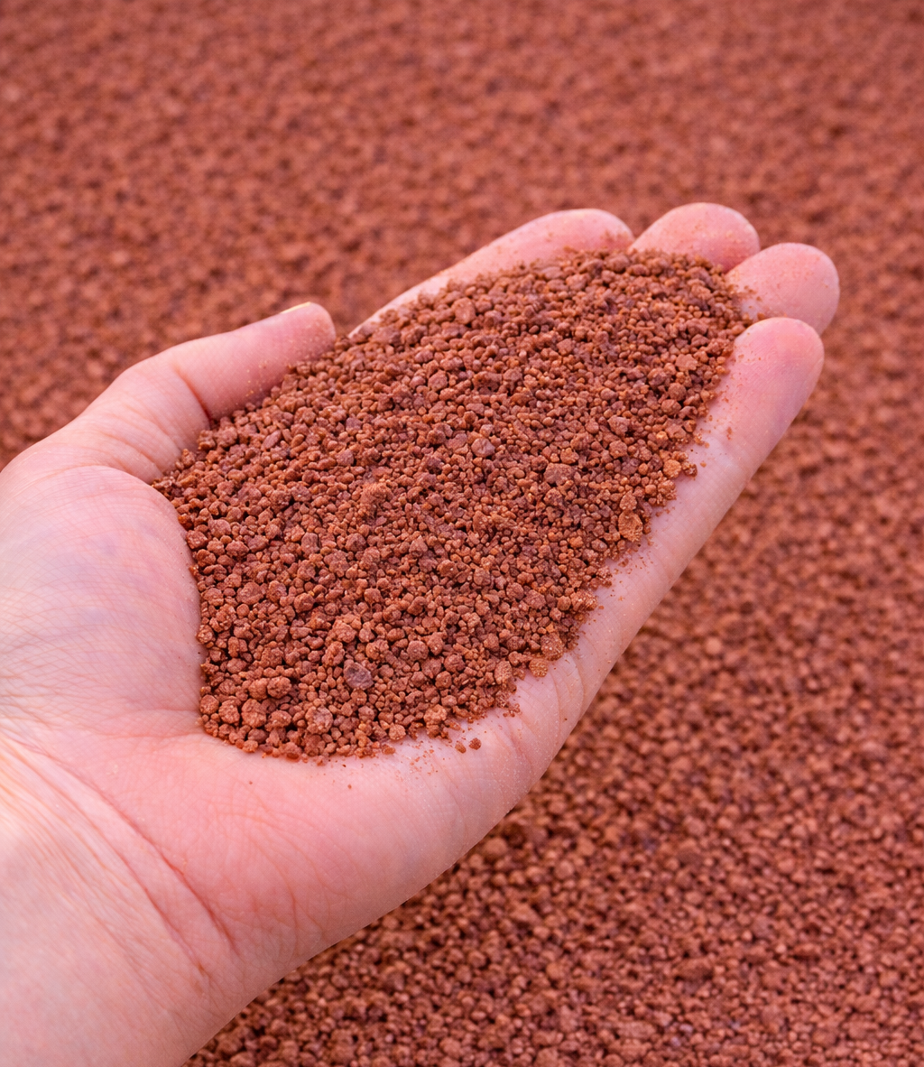 Hand holding a mound of reddish-brown granular material over a bed of the same granules