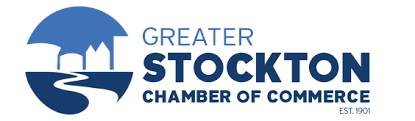 Greater Stockton Chamber of Commerce logo in blue with white bridge icon