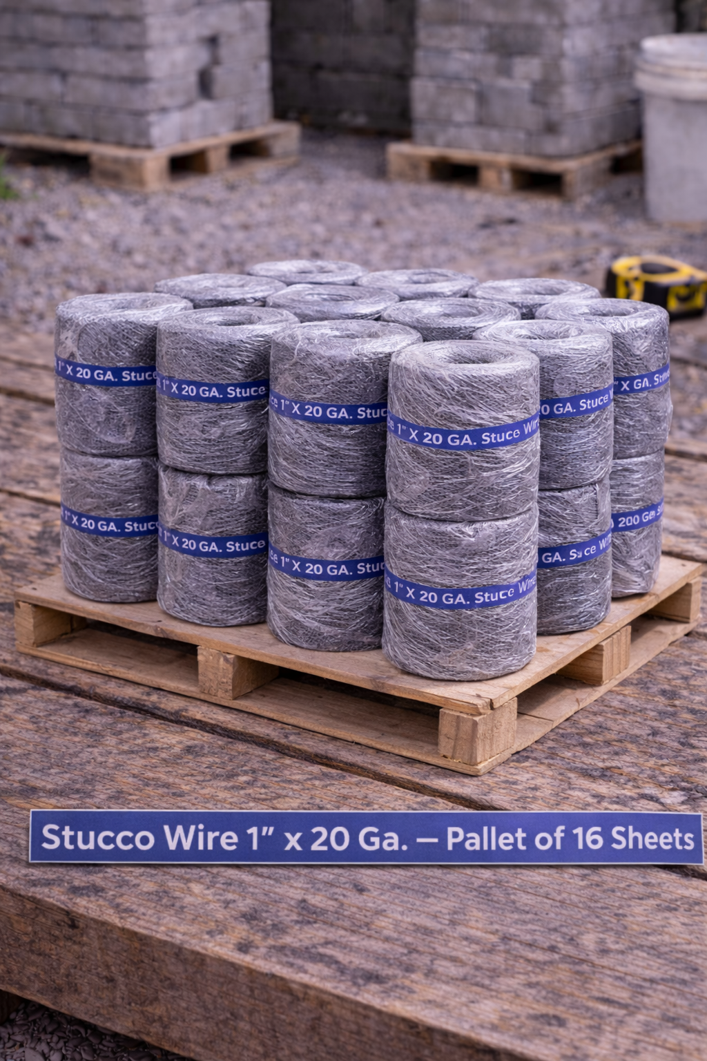 Pallet of rolled stucco wire mesh with blue bands, stacked on a wooden pallet in a warehouse.