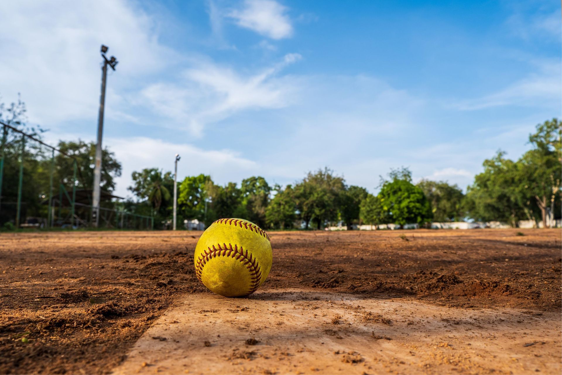Yellow softball resting on a dirt field under a blue sky, with trees and a light pole in the background