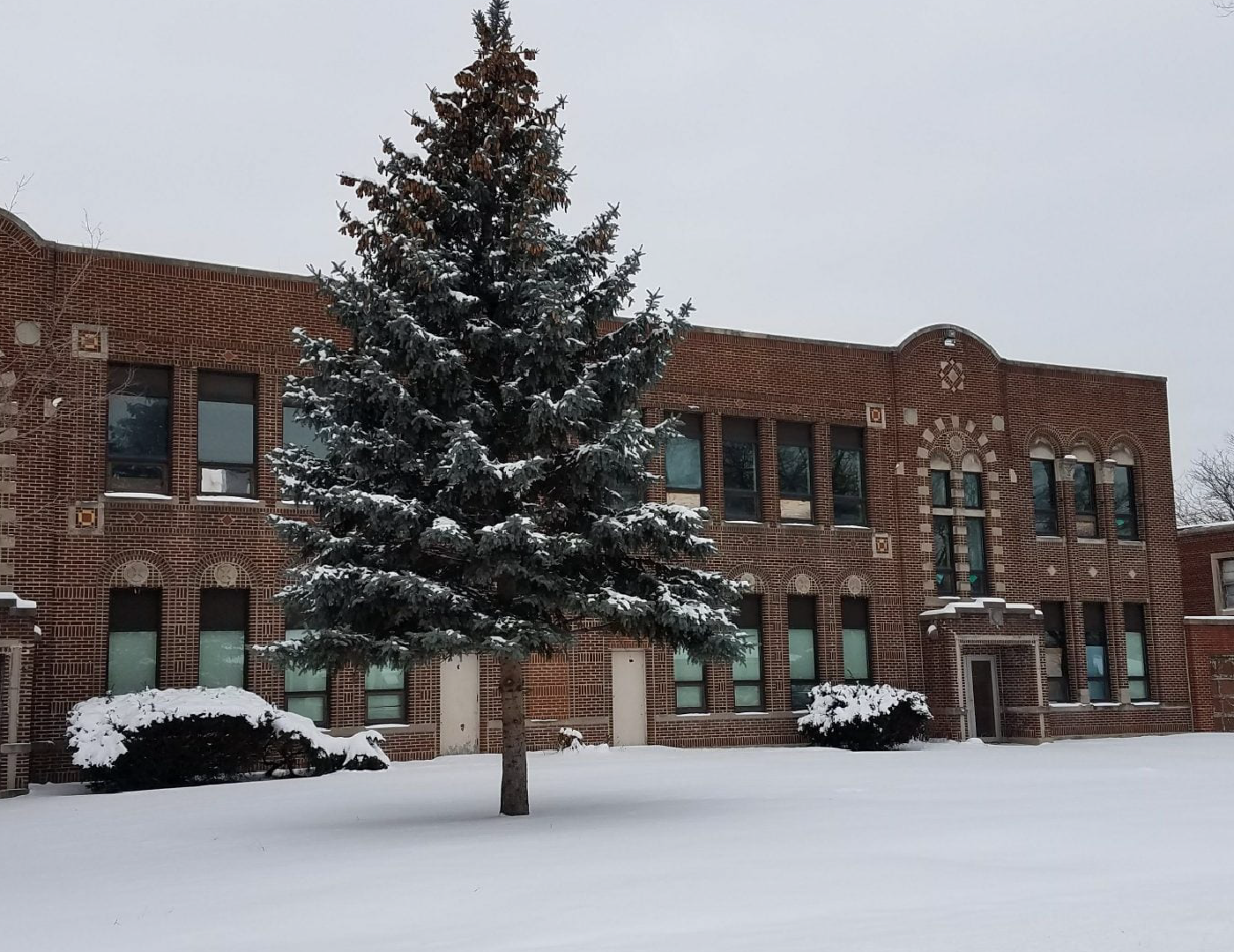 A snow covered tree in front of a brick building