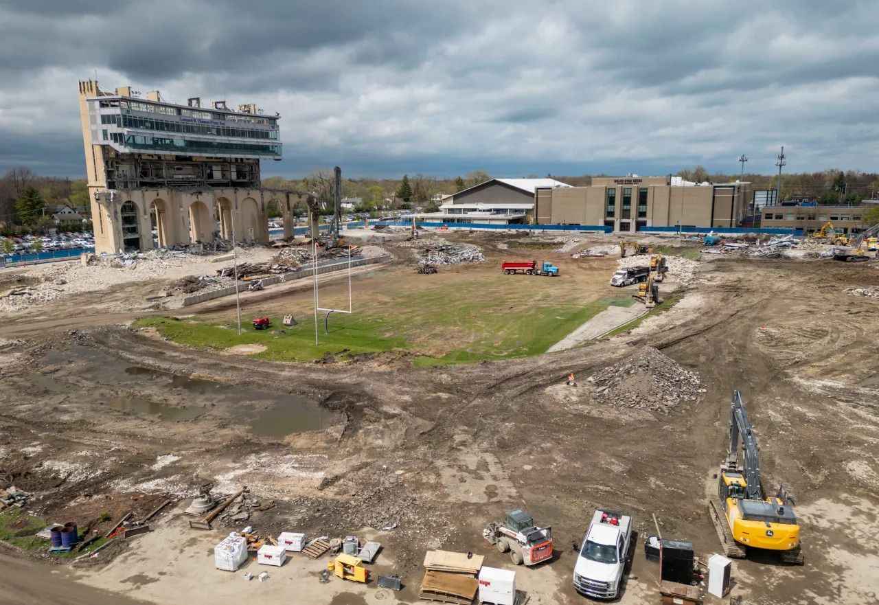 An aerial view of Ryan Field being demolished by Alpine Demolition.