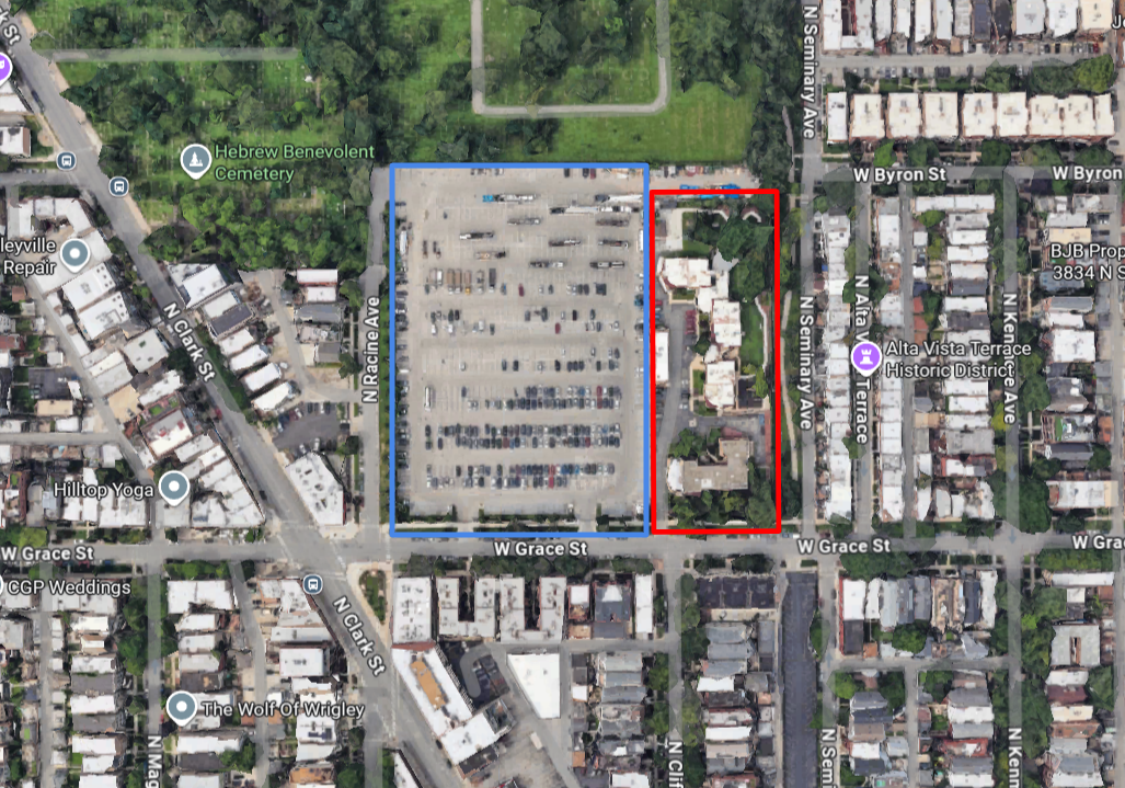 Aerial view of a city block with a large parking lot outlined in blue and an adjacent building outlined in red.