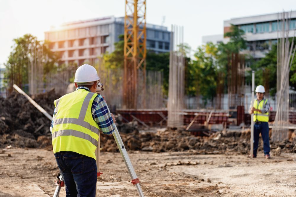 two construction workers surveying the construction site with surveyor equipment after deciding on a demo plan.