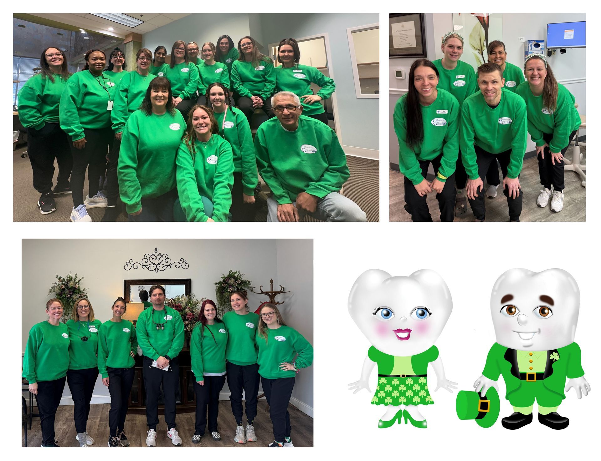 Four group photos of people in green shirts, plus two cartoon tooth mascots in green outfits