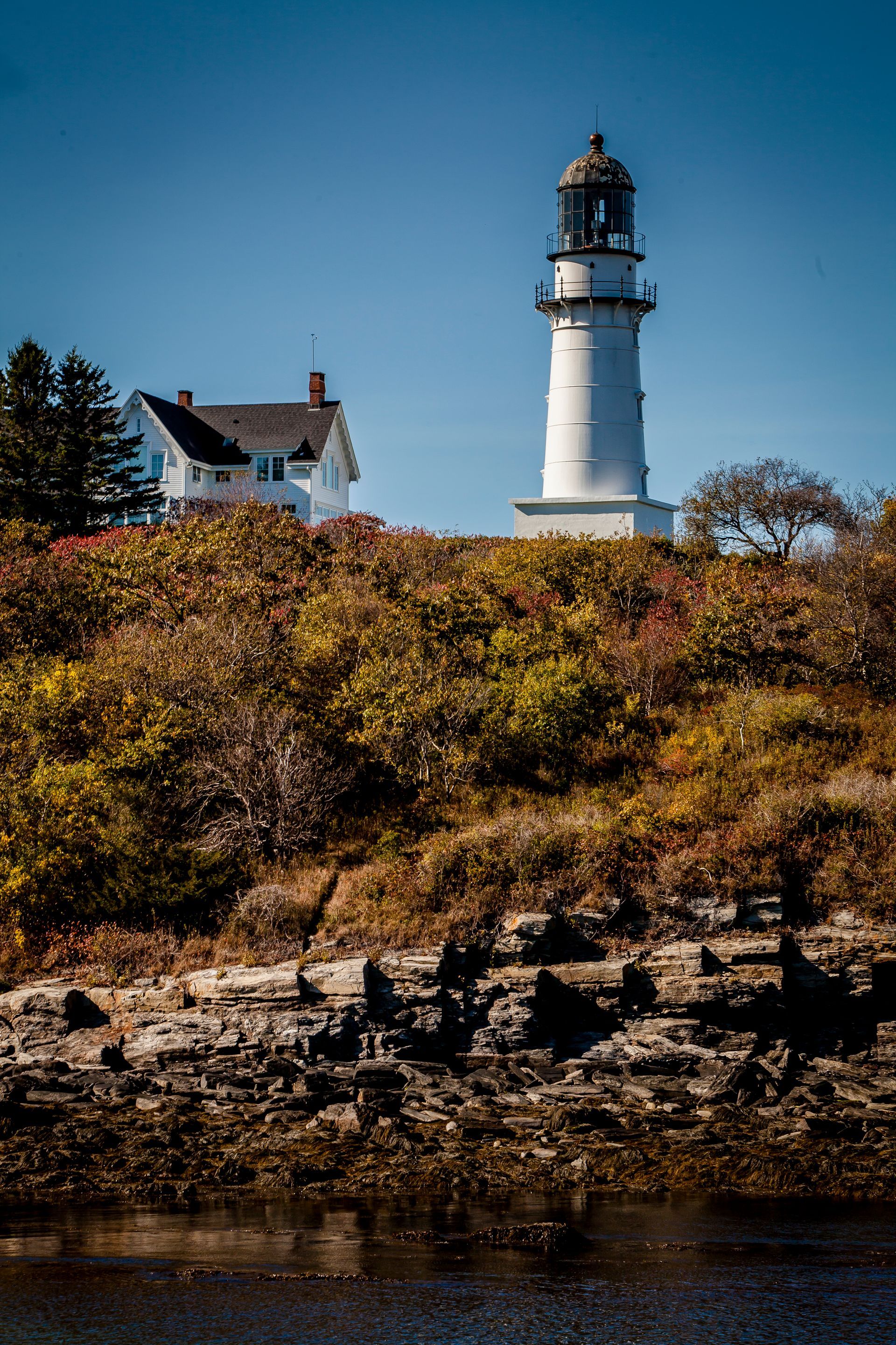 White lighthouse and house on a rocky coast above autumn shrubs under a clear blue sky