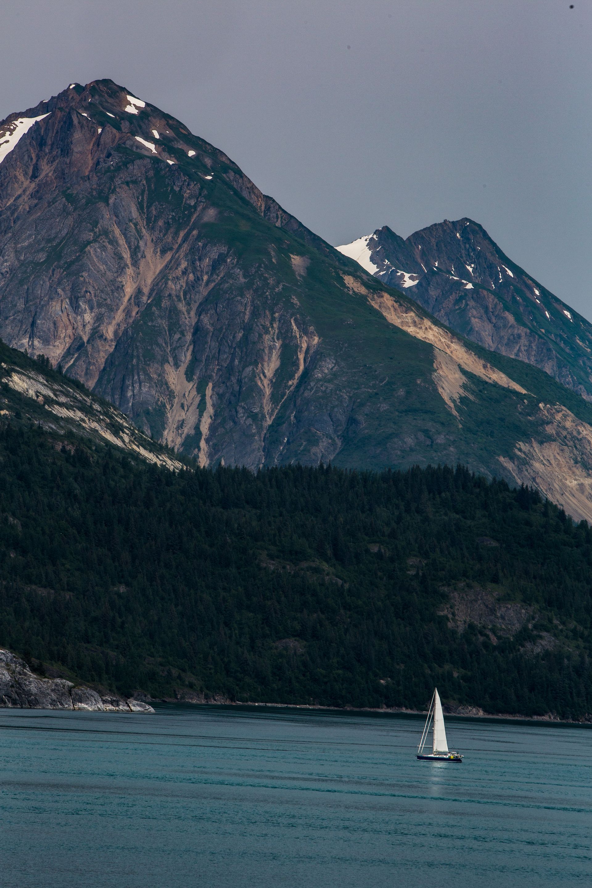 Snowy mountain peaks above a forested shoreline, with a small sailboat on calm blue water.