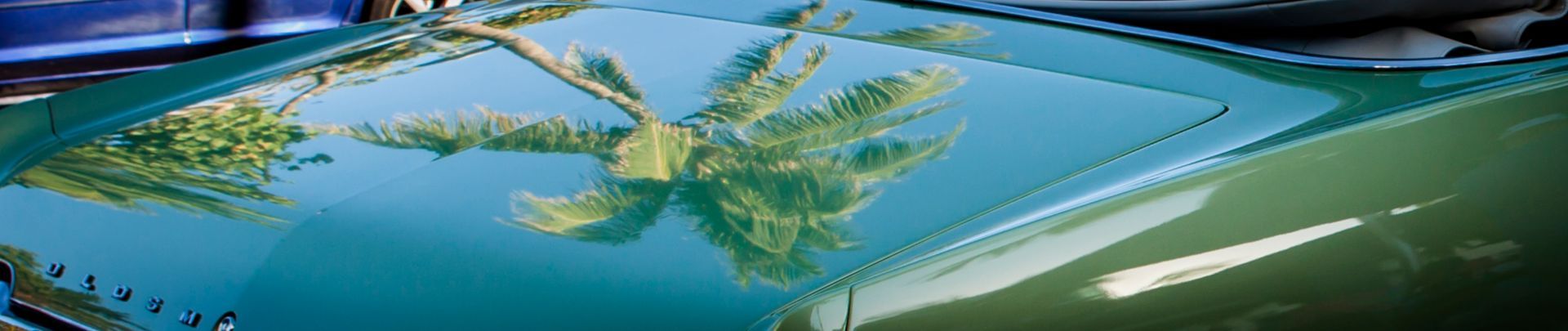 Blue sports car with palm tree reflections on a shiny hood and windshield
