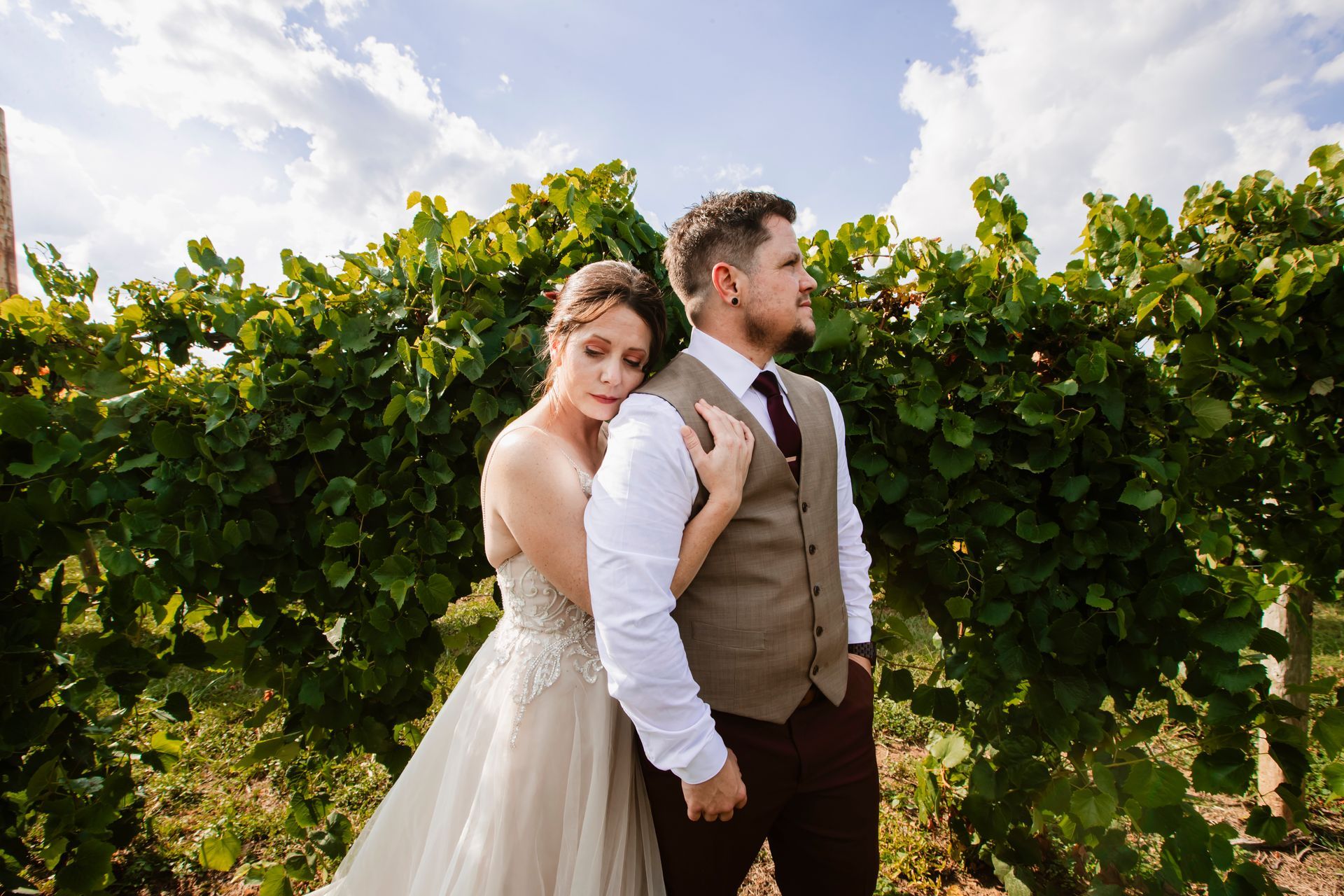 Bride and groom standing back-to-back in a vineyard, with green vines and a bright sky behind them