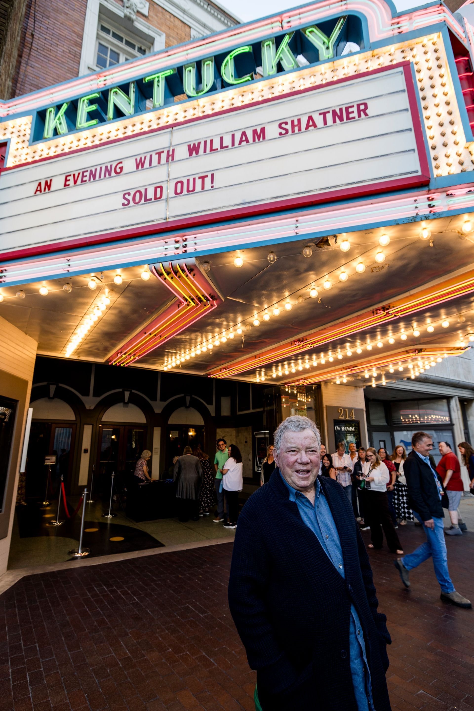Marquee at the KENNEDY theater announces “AARON, WILLIAM SHATNER” and “SOLD OUT,” with a smiling man below.
