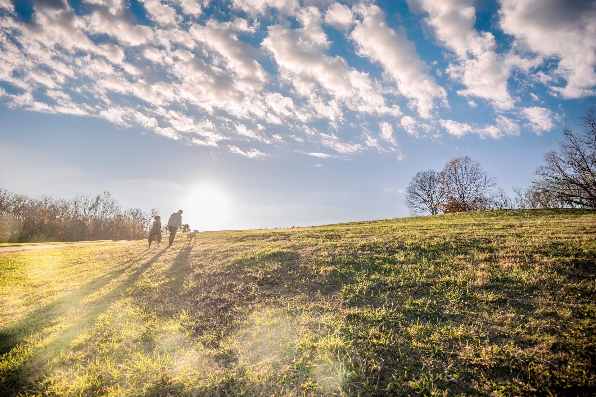 Sunlit grassy hill with a small group of people walking under a blue sky with scattered clouds