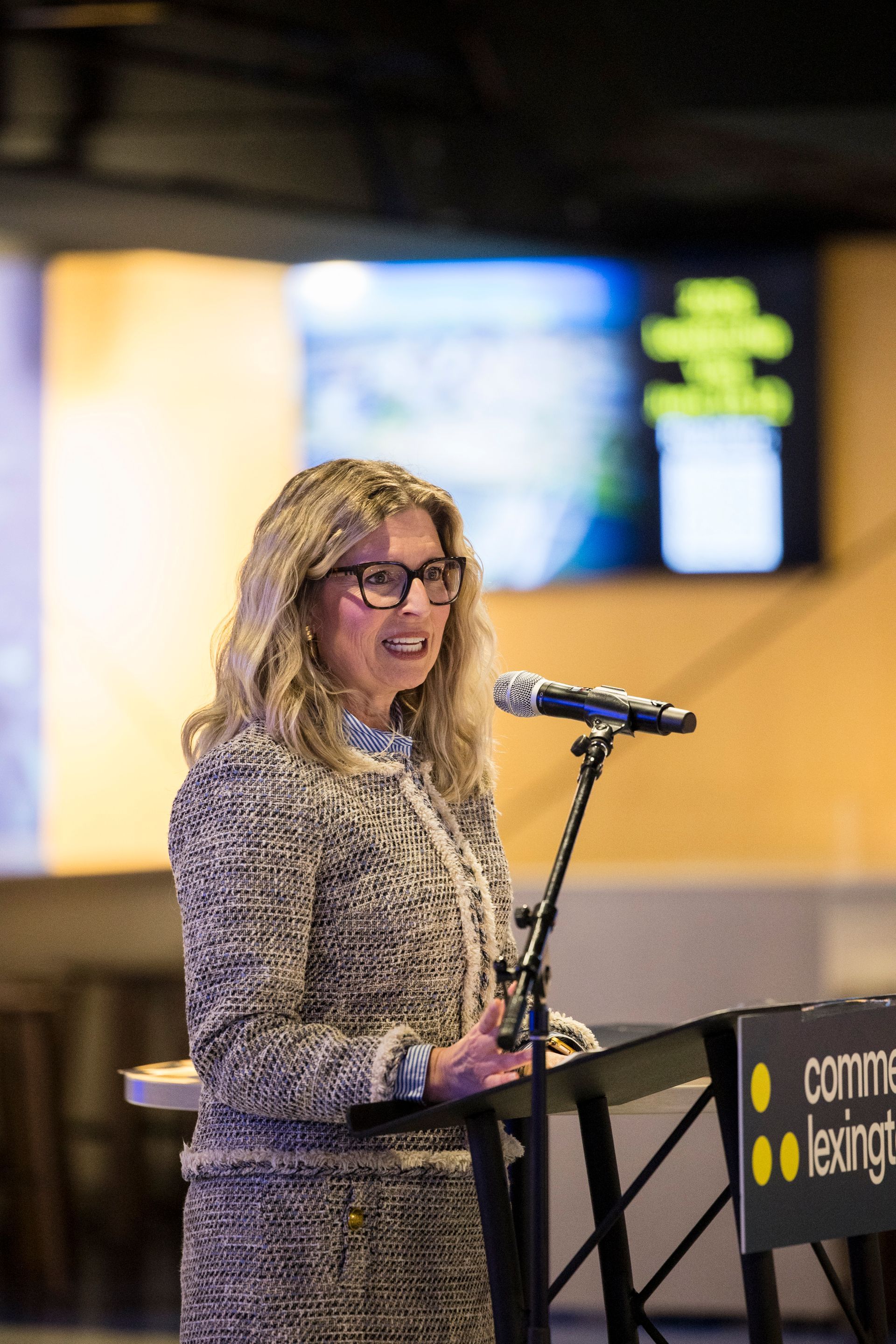 Woman speaking at a podium with a microphone in a conference room