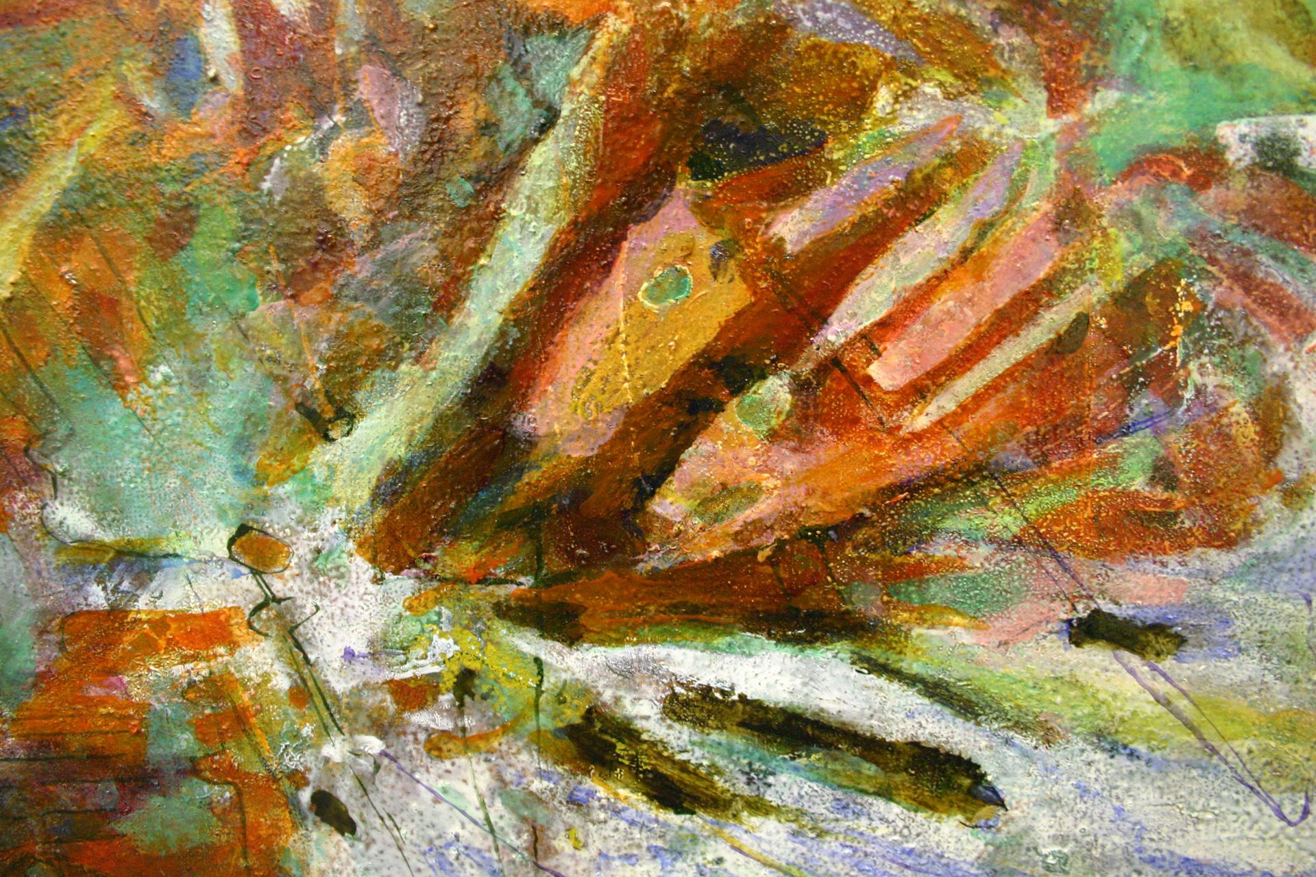 Abstract painting with orange, green, and white brushstrokes radiating from the center