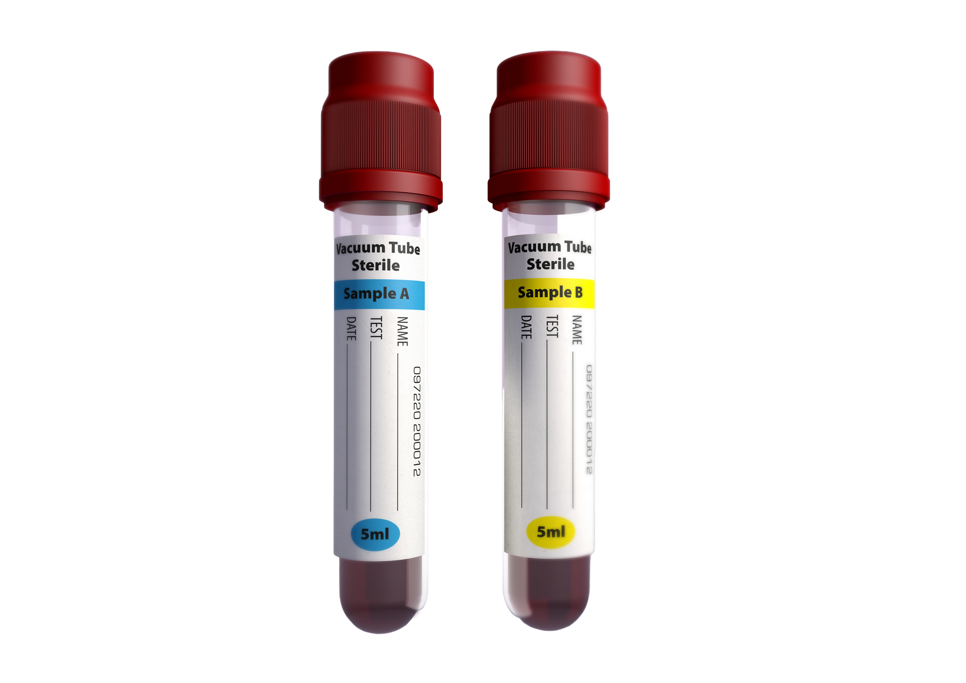 Two blood collection tubes, one blue-labeled and one yellow-labeled, with red caps, filled with dark liquid.