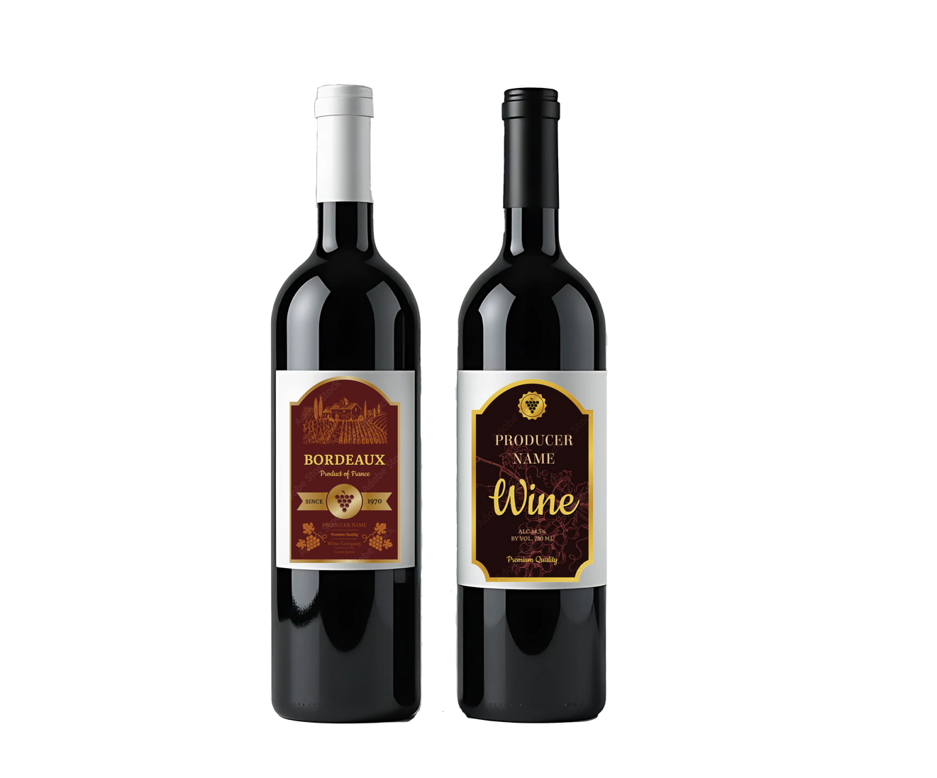 Two red wine bottles with labels, white and black tops, against white background.