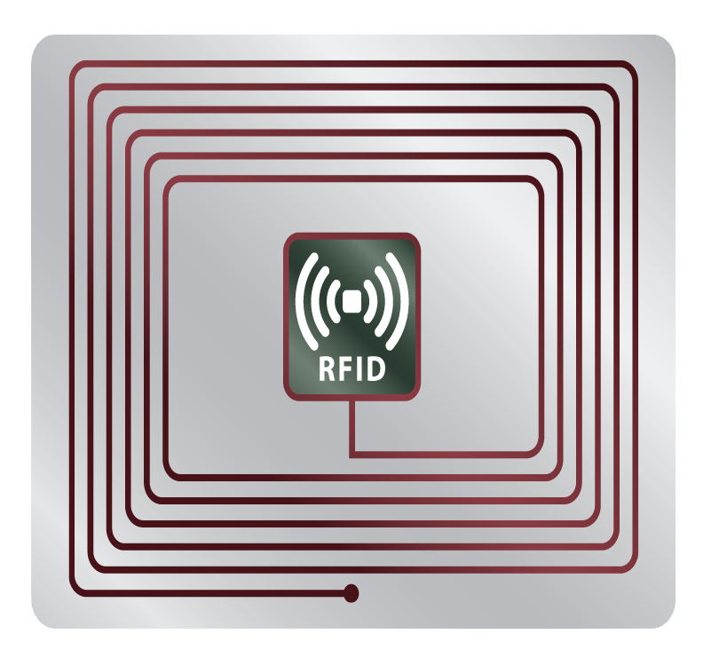 RFID tag with a copper coil antenna surrounding a central square with a wireless signal icon.