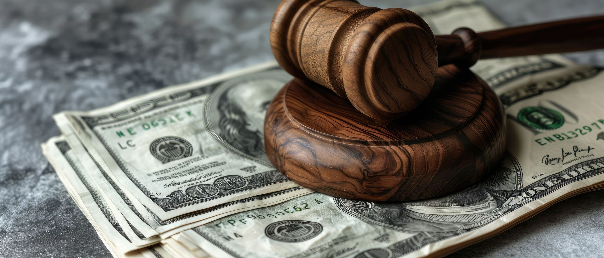 Close-up of a wooden gavel resting on stacked cash bills, symbolizing bail bonds service payments.