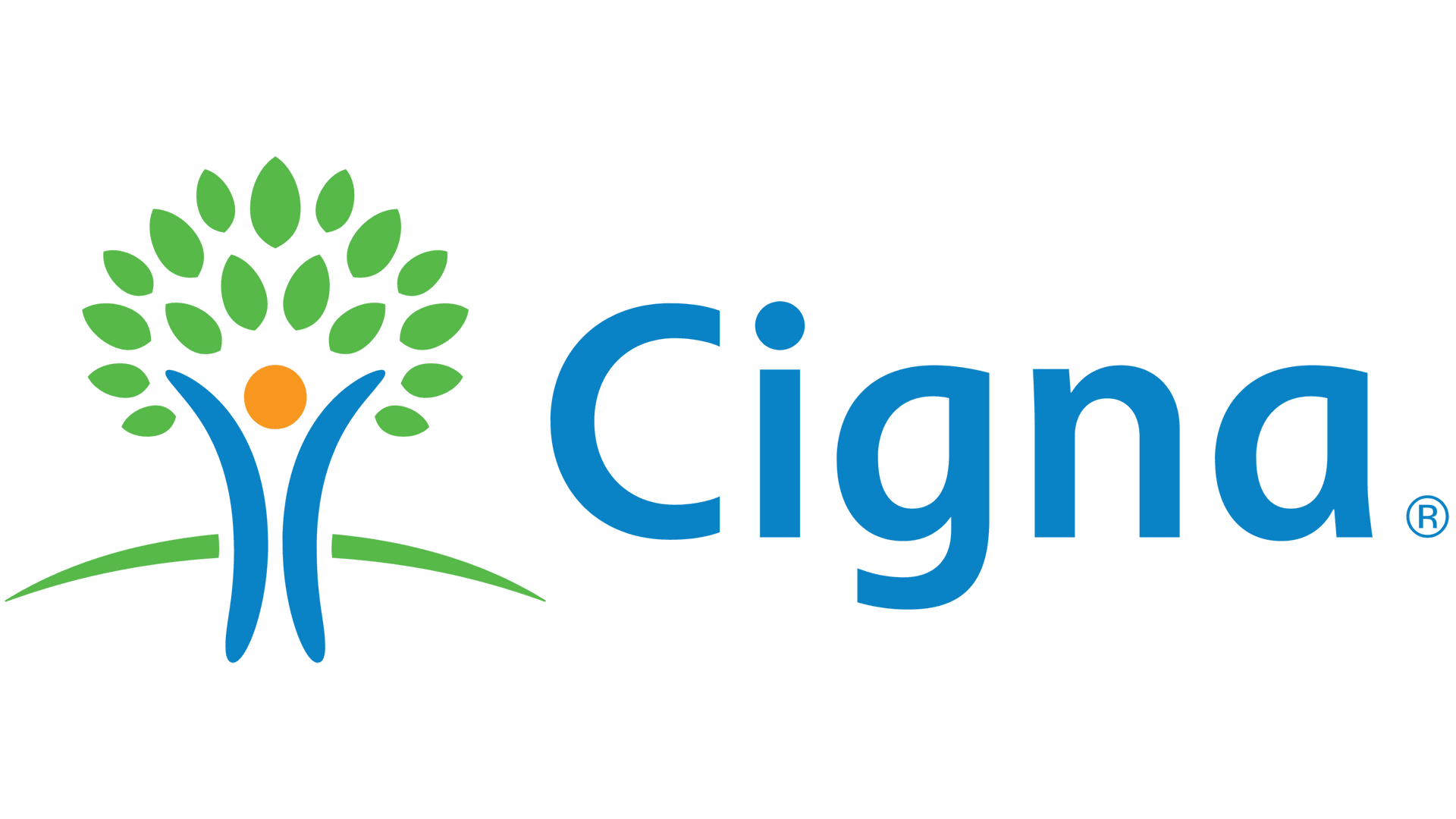 Cigna logo: green tree with person-shaped branches, blue text.