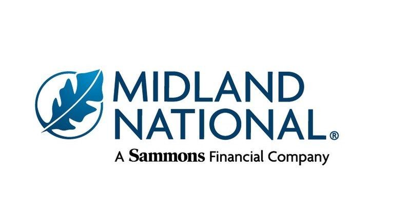 Logo for Midland National, a Sammons Financial Company. Features a blue leaf emblem and dark blue text.