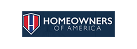 Homeowners of America logo: shield with red, white, and blue stripes and a