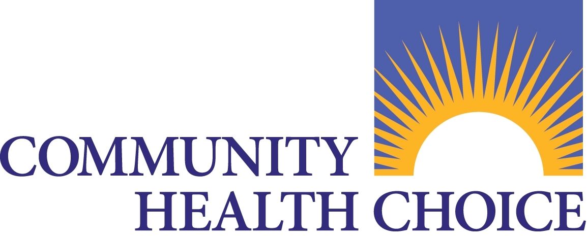 Community Health Choice logo: blue text with a sun design in the top right corner.